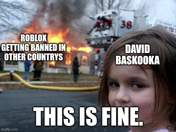 i dont know what to put here. just look at the meme | ROBLOX GETTING BANNED IN OTHER COUNTRYS; DAVID BASKOOKA; THIS IS FINE. | image tagged in memes,disaster girl | made w/ Imgflip meme maker