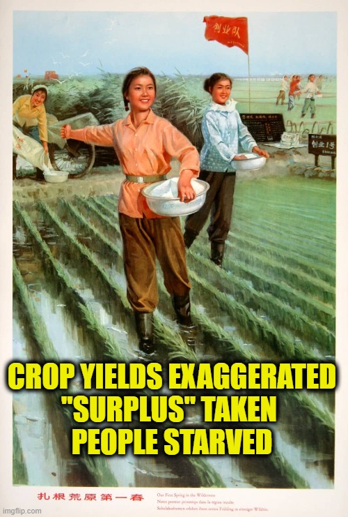 Communism is based on lies | CROP YIELDS EXAGGERATED
"SURPLUS" TAKEN 
PEOPLE STARVED | image tagged in communism | made w/ Imgflip meme maker