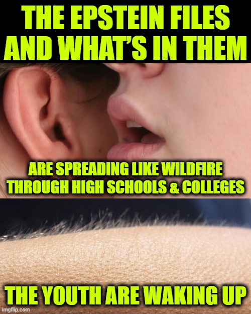 Nothing can Stop what is Coming | THE EPSTEIN FILES AND WHAT’S IN THEM; ARE SPREADING LIKE WILDFIRE THROUGH HIGH SCHOOLS & COLLEGES; THE YOUTH ARE WAKING UP | image tagged in whisper and goosebumps | made w/ Imgflip meme maker