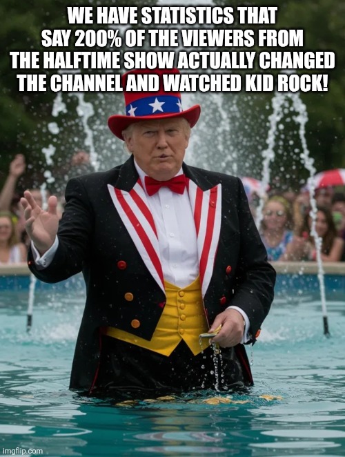 FountainClown | WE HAVE STATISTICS THAT SAY 200% OF THE VIEWERS FROM THE HALFTIME SHOW ACTUALLY CHANGED THE CHANNEL AND WATCHED KID ROCK! | image tagged in fountainclown | made w/ Imgflip meme maker