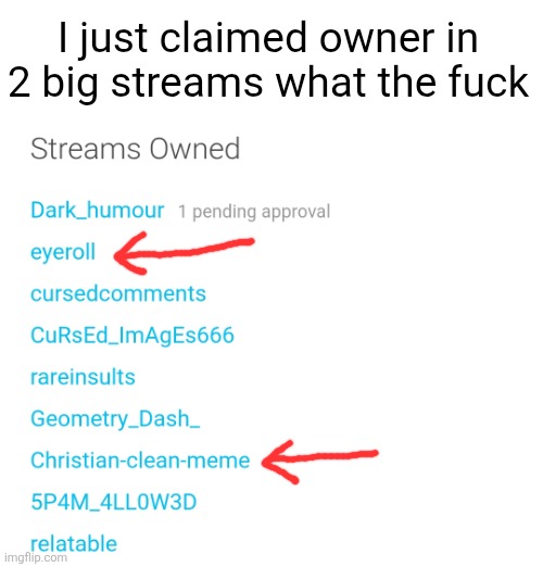 I'll be acting just as a caretaker for eyeroll, but CCM might need new management | I just claimed owner in 2 big streams what the fuck | image tagged in streams,owner,crazy,christian memes,eyeroll,im chill dw | made w/ Imgflip meme maker