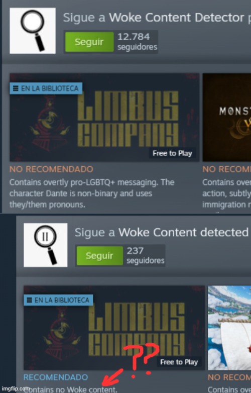 one curator says it has pro-LGBTQ content but the other doesn't?? | image tagged in limbus company,steam | made w/ Imgflip meme maker