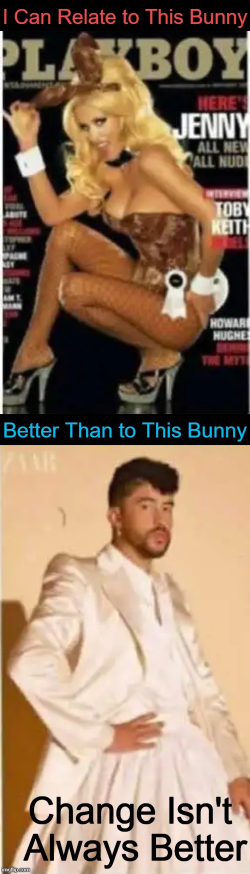 Then and Now; PROGRESS? I Think Not. | I Can Relate to This Bunny; Better Than to This Bunny; Change Isn't 
Always Better | image tagged in conservative logic,bad bunny,values,progressives,change,liberalism | made w/ Imgflip meme maker