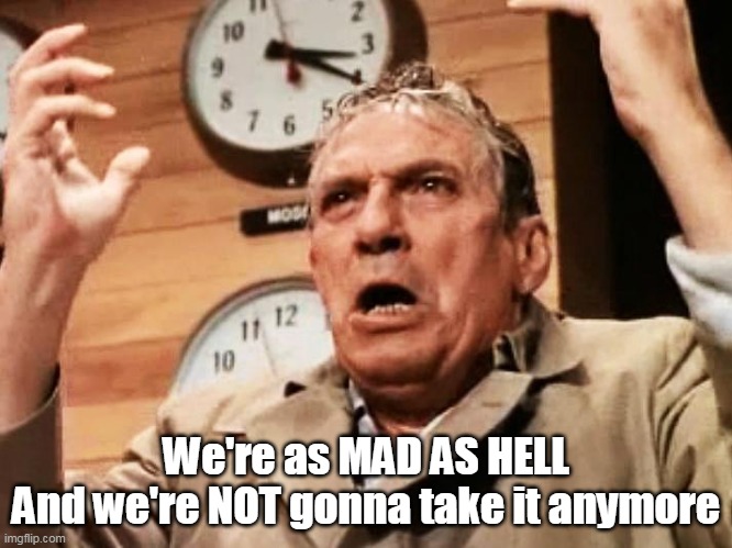 We're as MAD AS HELL
And we're NOT gonna take it anymore | made w/ Imgflip meme maker