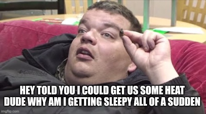 Thinking stoner | HEY TOLD YOU I COULD GET US SOME HEAT 
DUDE WHY AM I GETTING SLEEPY ALL OF A SUDDEN | image tagged in thinking stoner | made w/ Imgflip meme maker