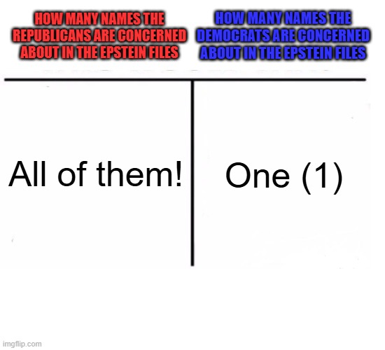 Do you get it now? | HOW MANY NAMES THE REPUBLICANS ARE CONCERNED ABOUT IN THE EPSTEIN FILES; HOW MANY NAMES THE DEMOCRATS ARE CONCERNED ABOUT IN THE EPSTEIN FILES; All of them! One (1) | image tagged in comparison table,liberal vs conservative,jeffrey epstein,good vs evil | made w/ Imgflip meme maker