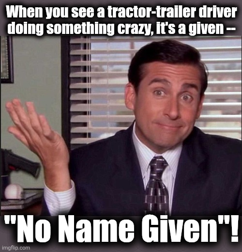 It's a given | When you see a tractor-trailer driver doing something crazy, it's a given --; "No Name Given"! | image tagged in michael scott,memes,commercial drivers license,tractor trailer,democrats,illegal immigrants | made w/ Imgflip meme maker