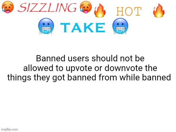 She's spitting facts ngl | Banned users should not be allowed to upvote or downvote the things they got banned from while banned | image tagged in sizzling hot take | made w/ Imgflip meme maker