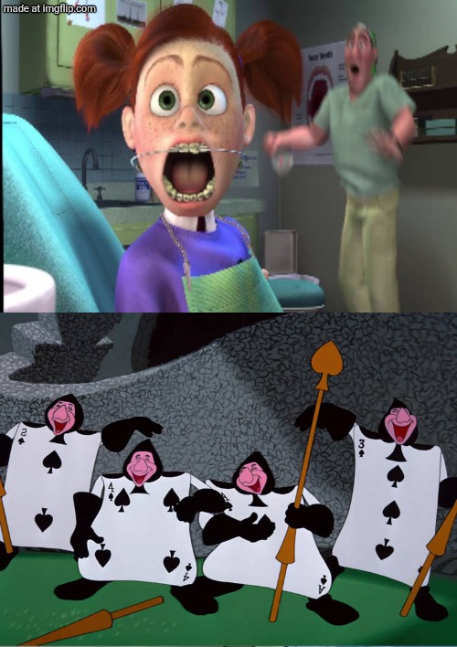 the card soldiers laughing, so funny | image tagged in my fill in memes,deviantart,crossover,disney,pixar,alice in wonderland | made w/ Imgflip meme maker