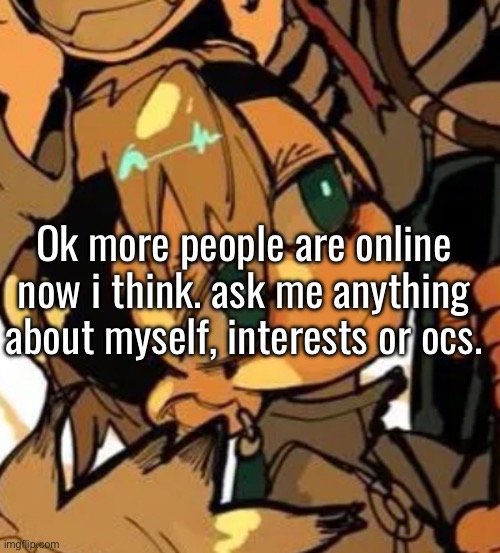 Ok more people are online now i think. ask me anything about myself, interests or ocs. | made w/ Imgflip meme maker