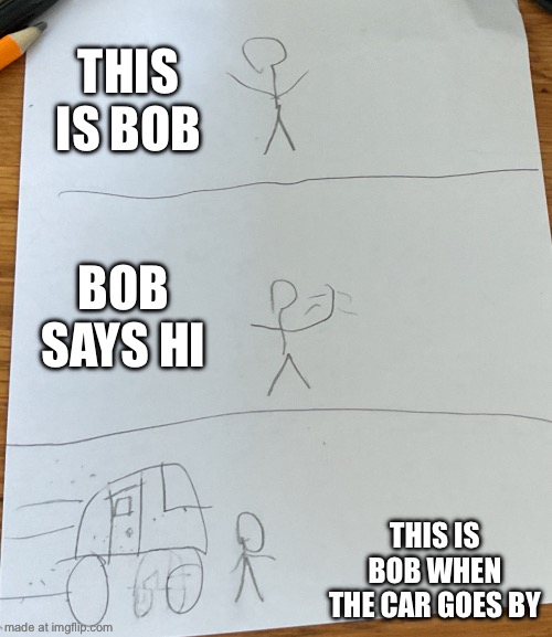 Stickman gets run over by car | THIS IS BOB; BOB SAYS HI; THIS IS BOB WHEN THE CAR GOES BY | image tagged in stickman gets run over by car | made w/ Imgflip meme maker