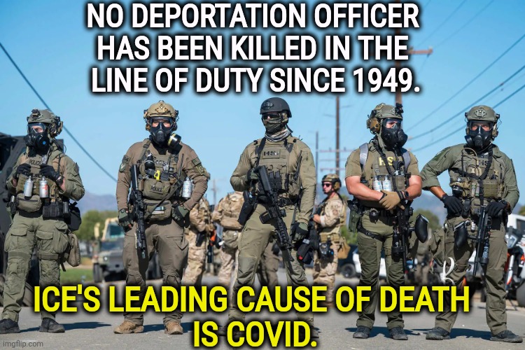 It's more dangerous to be an elementary school student. | NO DEPORTATION OFFICER 
HAS BEEN KILLED IN THE 
LINE OF DUTY SINCE 1949. ICE'S LEADING CAUSE OF DEATH 
IS COVID. | image tagged in masked ice agents trump's secret police gestapo anti-american,ice,snowflake,danger,bs | made w/ Imgflip meme maker