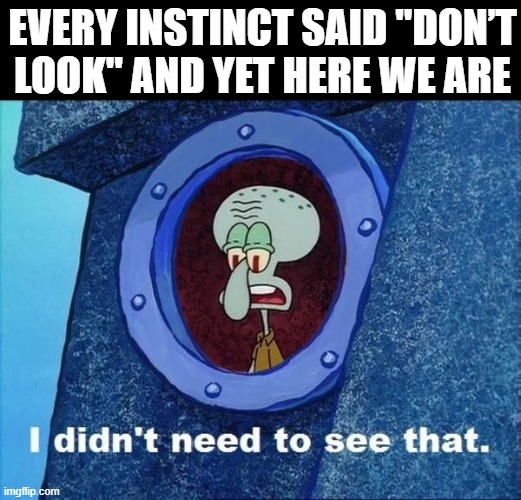 don’t look | EVERY INSTINCT SAID "DON’T LOOK" AND YET HERE WE ARE | image tagged in memes | made w/ Imgflip meme maker