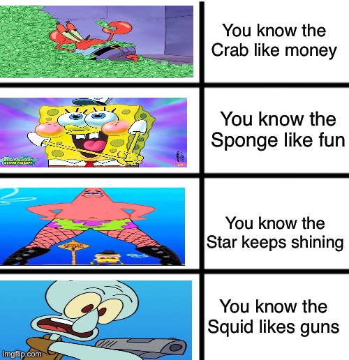 You know the squid likes guns! | You know the Crab like money; You know the Sponge like fun; You know the Star keeps shining; You know the Squid likes guns | image tagged in all stages of brawl stars bosses | made w/ Imgflip meme maker