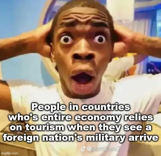 Shocked black guy | People in countries who's entire economy relies on tourism when they see a foreign nation's military arrive | image tagged in shocked black guy | made w/ Imgflip meme maker