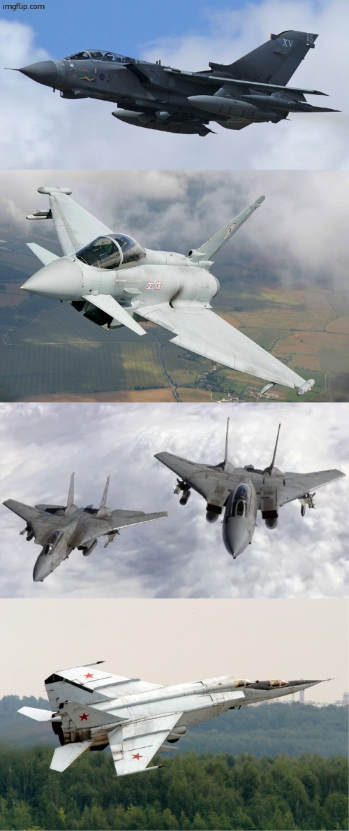 1v4 FFA, whos winning? | image tagged in panavia tornado,eurofighter typhoon,f 14 tomcat,mikoyan-gurevich mig-25 | made w/ Imgflip meme maker