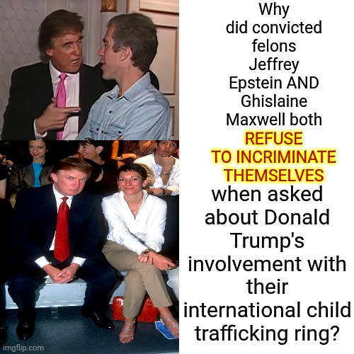 Because They COULD | Why did convicted felons Jeffrey Epstein AND Ghislaine Maxwell both REFUSE TO INCRIMINATE THEMSELVES; when asked about Donald Trump's involvement with their international child trafficking ring? REFUSE TO INCRIMINATE THEMSELVES | image tagged in memes,drake hotline bling,impeach trump,lock him up,trump unfit unqualified dangerous,maga | made w/ Imgflip meme maker