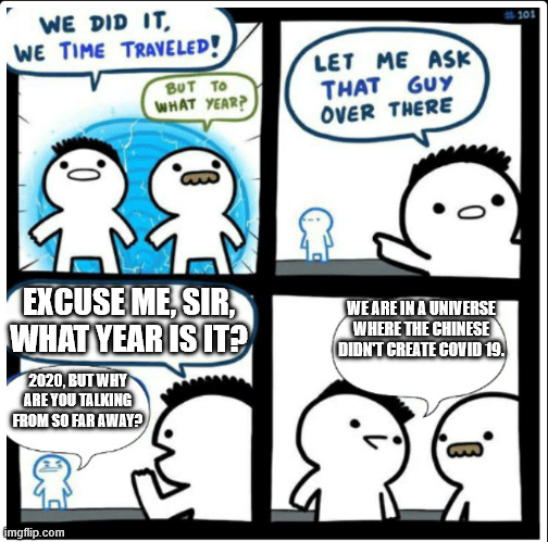 That, or a universe where common sense lives up to the common part of its name. | EXCUSE ME, SIR, WHAT YEAR IS IT? WE ARE IN A UNIVERSE WHERE THE CHINESE DIDN'T CREATE COVID 19. 2020, BUT WHY ARE YOU TALKING FROM SO FAR AWAY? | image tagged in time travel | made w/ Imgflip meme maker