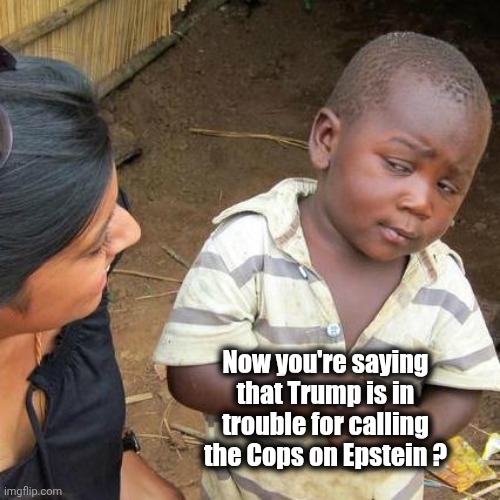 The Twisted Minds of Liberals | Now you're saying that Trump is in trouble for calling the Cops on Epstein ? | image tagged in memes,third world skeptical kid,trump derangement syndrome,democrats in trouble,because trump,biased media | made w/ Imgflip meme maker