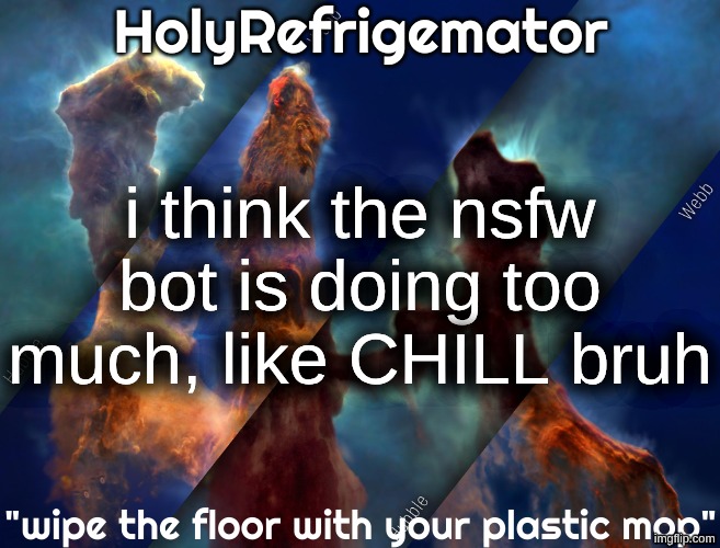 HolyRefrigemator temp | i think the nsfw bot is doing too much, like CHILL bruh | image tagged in holyrefrigemator temp | made w/ Imgflip meme maker