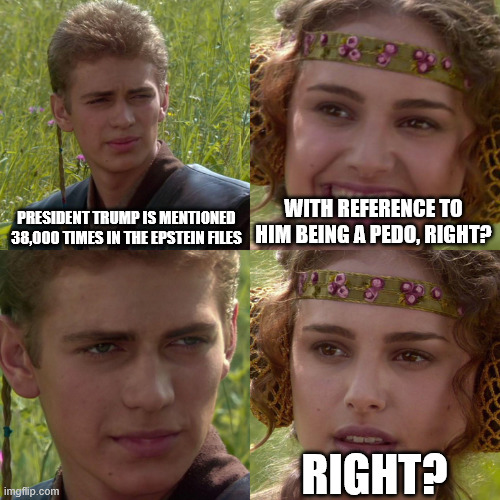 Anakin Padme 4 Panel | PRESIDENT TRUMP IS MENTIONED 38,000 TIMES IN THE EPSTEIN FILES; WITH REFERENCE TO HIM BEING A PEDO, RIGHT? RIGHT? | image tagged in anakin padme 4 panel | made w/ Imgflip meme maker