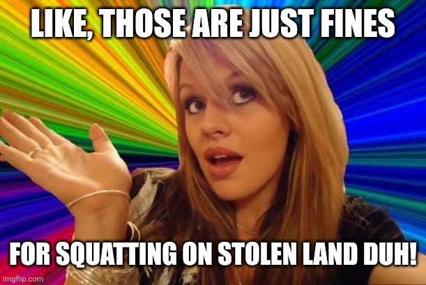 Dumb Blonde Meme | LIKE, THOSE ARE JUST FINES FOR SQUATTING ON STOLEN LAND DUH! | image tagged in memes,dumb blonde | made w/ Imgflip meme maker