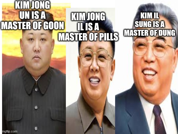 kim family | KIM JONG UN IS A MASTER OF GOON; KIM JONG IL IS A MASTER OF PILLS; KIM IL SUNG IS A MASTER OF DUNG | image tagged in funny | made w/ Imgflip meme maker