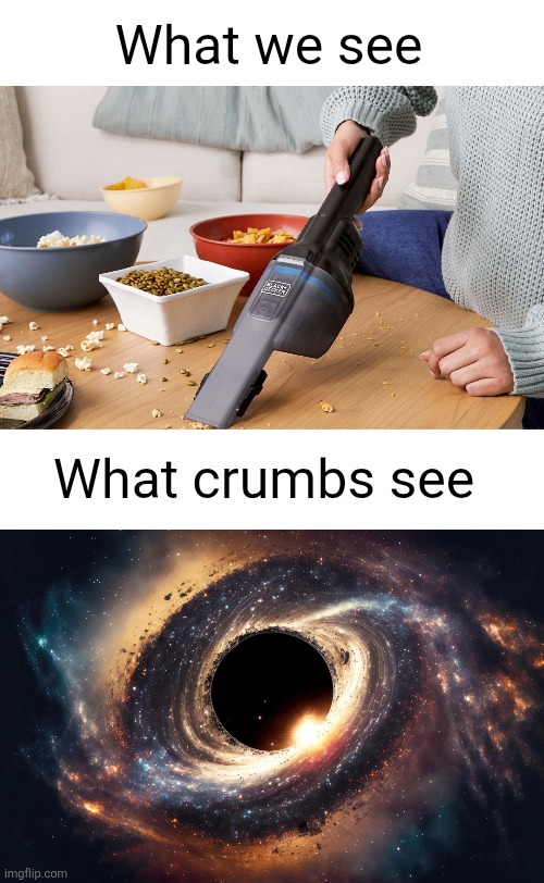 SAVE THE CRUMBS! | What we see; What crumbs see | image tagged in blank white template,crumbs,vaccuum,black hole,perspective,comparison | made w/ Imgflip meme maker