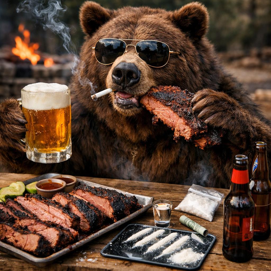 Bear necessitates being brisket, beer, and cocaine Blank Meme Template