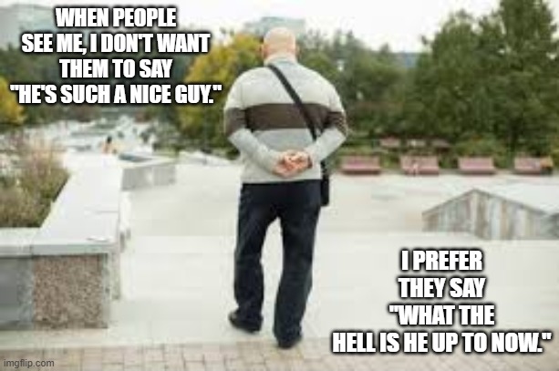 At my age I want people saying "What the hell is he up to now."   --  funny  -- | WHEN PEOPLE SEE ME, I DON'T WANT THEM TO SAY "HE'S SUCH A NICE GUY."; I PREFER THEY SAY "WHAT THE HELL IS HE UP TO NOW." | image tagged in funny,humor,old people,play on words,getting old | made w/ Imgflip meme maker
