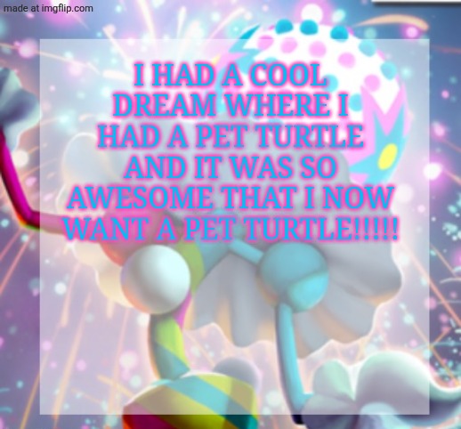 temp | I HAD A COOL DREAM WHERE I HAD A PET TURTLE AND IT WAS SO AWESOME THAT I NOW WANT A PET TURTLE!!!!! | image tagged in temp | made w/ Imgflip meme maker