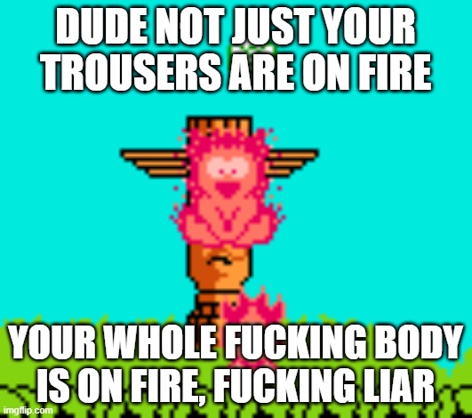 What a big liar you are! | DUDE NOT JUST YOUR TROUSERS ARE ON FIRE; YOUR WHOLE FUCKING BODY IS ON FIRE, FUCKING LIAR | image tagged in adventure island,nes,1987,master higgins,liar liar pants on fire,bullshit | made w/ Imgflip meme maker