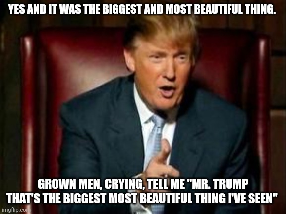 YES AND IT WAS THE BIGGEST AND MOST BEAUTIFUL THING. GROWN MEN, CRYING, TELL ME "MR. TRUMP THAT'S THE BIGGEST MOST BEAUTIFUL THING I'VE SEEN | image tagged in donald trump | made w/ Imgflip meme maker