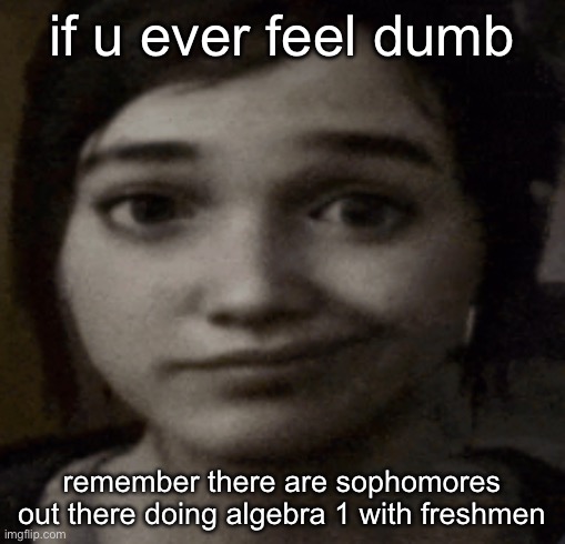ellie | if u ever feel dumb; remember there are sophomores out there doing algebra 1 with freshmen | image tagged in ellie | made w/ Imgflip meme maker
