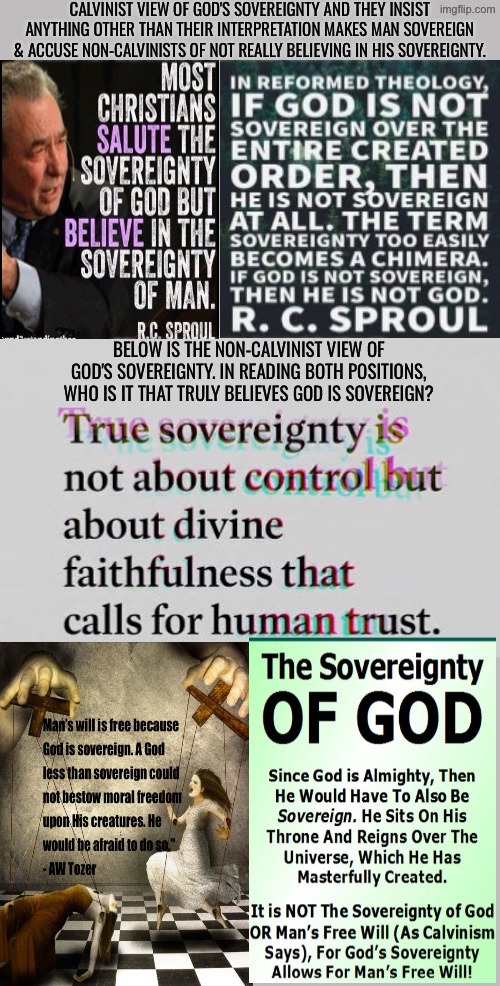 They don't get it! They interpret it the way a man would have to do it | CALVINIST VIEW OF GOD'S SOVEREIGNTY AND THEY INSIST ANYTHING OTHER THAN THEIR INTERPRETATION MAKES MAN SOVEREIGN & ACCUSE NON-CALVINISTS OF NOT REALLY BELIEVING IN HIS SOVEREIGNTY. BELOW IS THE NON-CALVINIST VIEW OF GOD'S SOVEREIGNTY. IN READING BOTH POSITIONS, WHO IS IT THAT TRULY BELIEVES GOD IS SOVEREIGN? | image tagged in calvinism,calvinist memes,anti calvinism,reformed theology,god is sovereign without determinism,calvinist view is logic based | made w/ Imgflip meme maker