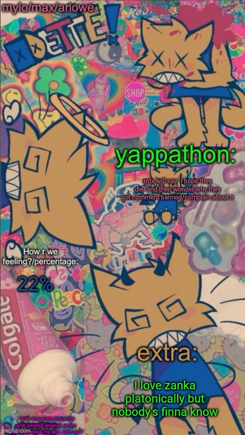 arloweberry’s stomach book temp | mfs will say "I hope they die" and then wonder why they got comment banned/complain about ir; 22%; I love zanka platonically but nobody's finna know | image tagged in arloweberry s stomach book temp | made w/ Imgflip meme maker