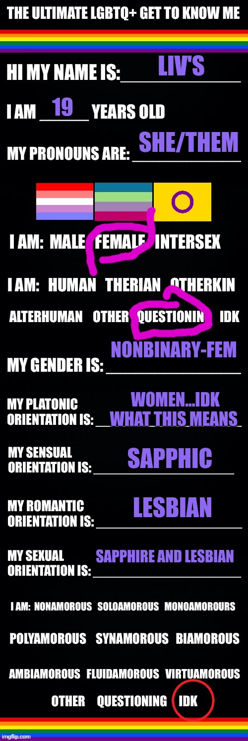 Never done this i think | LIV'S; 19; SHE/THEM; NONBINARY-FEM; WOMEN...IDK WHAT THIS MEANS; SAPPHIC; LESBIAN; SAPPHIRE AND LESBIAN | image tagged in the ultimate lgbtq get to know me | made w/ Imgflip meme maker