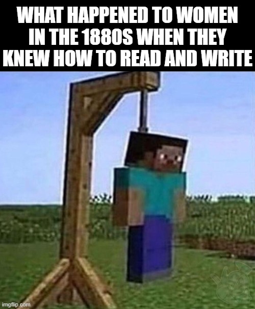 Women who were literate were considered as witches btw | WHAT HAPPENED TO WOMEN IN THE 1880S WHEN THEY KNEW HOW TO READ AND WRITE | image tagged in hang myself,dark humor,women,hanging | made w/ Imgflip meme maker