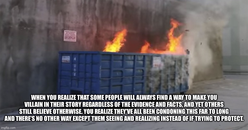 Dumpster Fire | WHEN YOU REALIZE THAT SOME PEOPLE WILL ALWAYS FIND A WAY TO MAKE YOU VILLAIN IN THEIR STORY REGARDLESS OF THE EVIDENCE AND FACTS, AND YET OTHERS STILL BELIEVE OTHERWISE. YOU REALIZE THEY’VE ALL BEEN CONDONING THIS FAR TO LONG AND THERE’S NO OTHER WAY EXCEPT THEM SEEING AND REALIZING INSTEAD OF IF TRYING TO PROTECT. | image tagged in dumpster fire | made w/ Imgflip meme maker