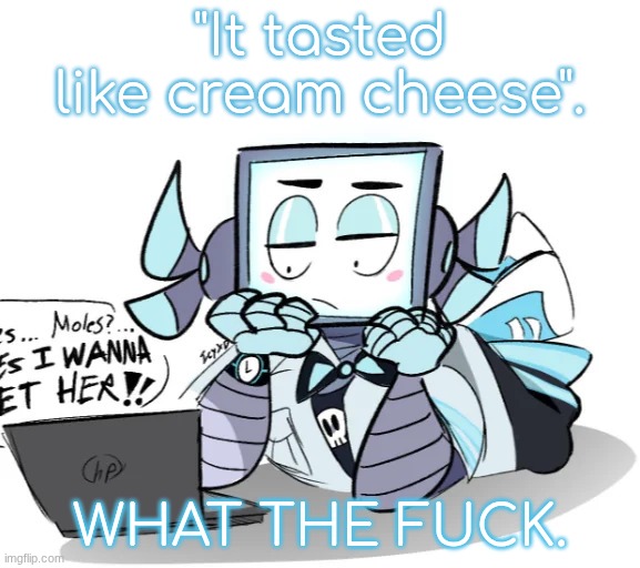 icy on his chromebook | "It tasted like cream cheese". WHAT THE FUCK. | image tagged in icy on his chromebook | made w/ Imgflip meme maker