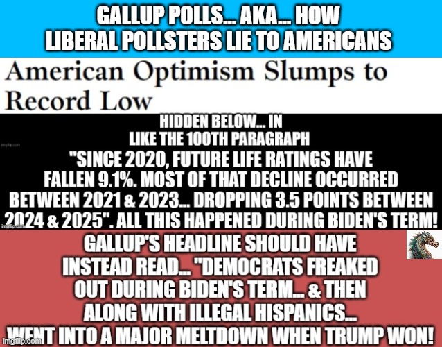 politics | GALLUP POLLS... AKA... HOW LIBERAL POLLSTERS LIE TO AMERICANS | image tagged in political meme | made w/ Imgflip meme maker