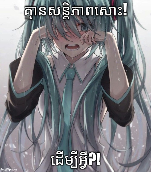 Crying Miku | គ្មានសន្តិភាពសោះ! ដើម្បីអ្វី?! | image tagged in crying miku hatsune,no peace,memes,funny | made w/ Imgflip meme maker