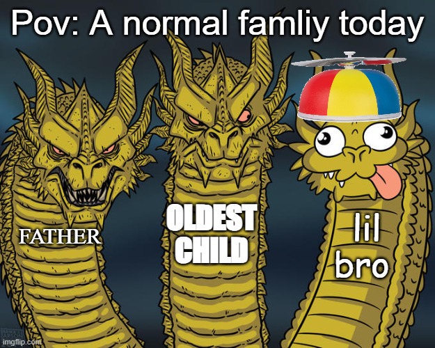real | Pov: A normal famliy today; OLDEST CHILD; lil bro; FATHER | image tagged in three-headed dragon,true | made w/ Imgflip meme maker