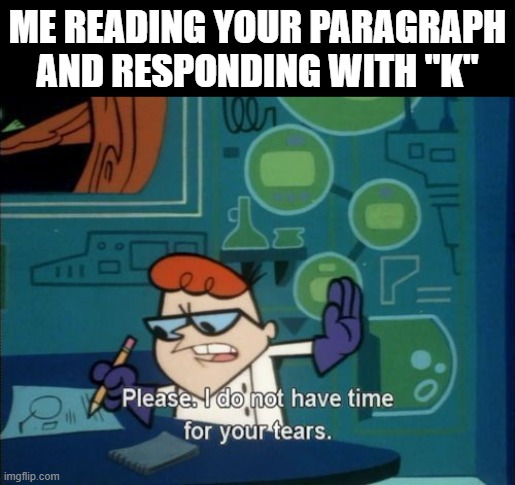paragraph | ME READING YOUR PARAGRAPH AND RESPONDING WITH "K" | image tagged in memes,dexters lab | made w/ Imgflip meme maker