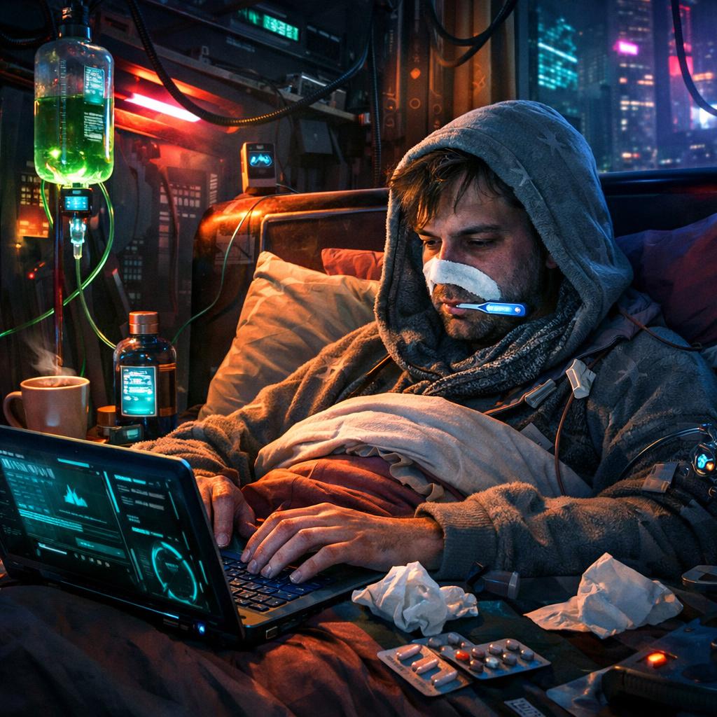 sick with cold, laying in bed, buit working on laptop still Blank Meme Template