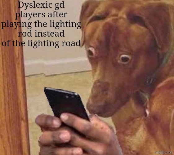 shocked dog | Dyslexic gd players after playing the lighting rod instead of the lighting road | image tagged in shocked dog | made w/ Imgflip meme maker