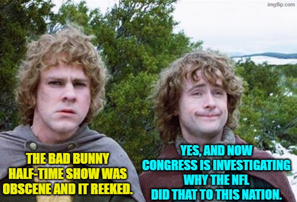 Why DID the NFL do that to a supposedly family friendly venue? | YES, AND NOW CONGRESS IS INVESTIGATING WHY THE NFL DID THAT TO THIS NATION. THE BAD BUNNY HALF-TIME SHOW WAS OBSCENE AND IT REEKED. | image tagged in second breakfast | made w/ Imgflip meme maker