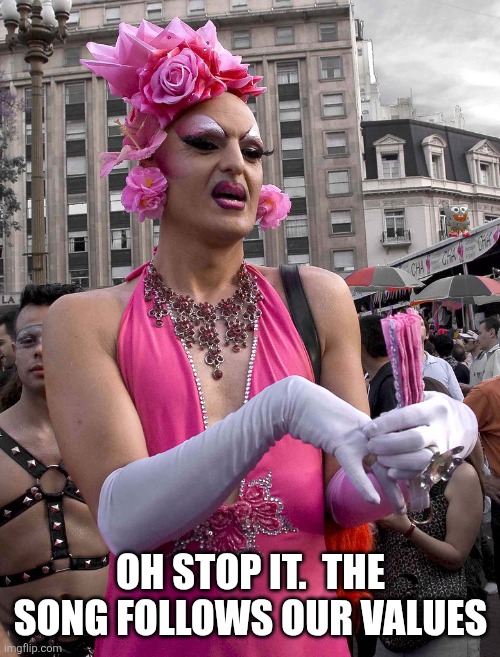 tranny | OH STOP IT.  THE SONG FOLLOWS OUR VALUES | image tagged in tranny | made w/ Imgflip meme maker