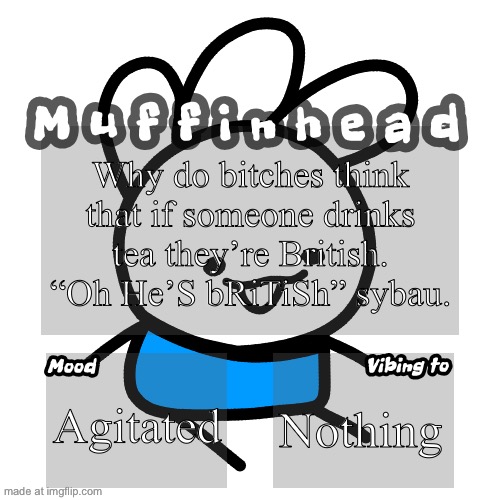 Muffinhead announcement template | Why do bitches think that if someone drinks tea they’re British. “Oh He’S bRiTiSh” sybau. Agitated; Nothing | image tagged in muffinhead announcement template | made w/ Imgflip meme maker