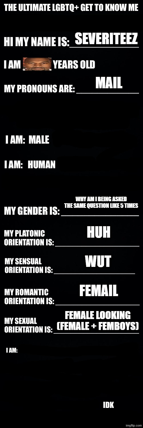 E | SEVERITEEZ; MAIL; WHY AM I BEING ASKED THE SAME QUESTION LIKE 5 TIMES; HUH; WUT; FEMAIL; FEMALE LOOKING (FEMALE + FEMBOYS) | image tagged in the ultimate lgbtq get to know me | made w/ Imgflip meme maker